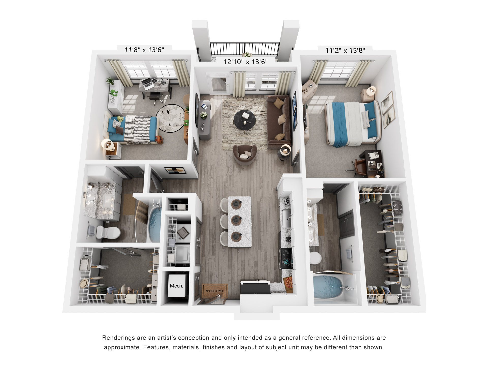 Floor plan for 2 beds, 2 baths, 1105 sqft